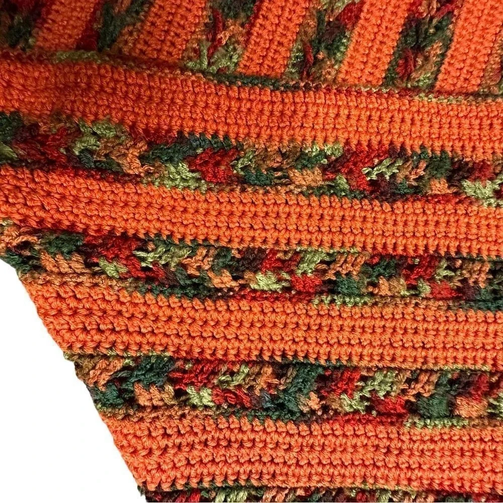 Groovy 70s Vintage Crocheted Crochet Brown Orange Vintage‎ Blanket Small Afghan